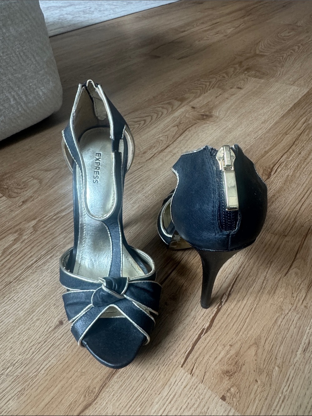 Express Black and Gold T-Strap Knot Heel Sandals